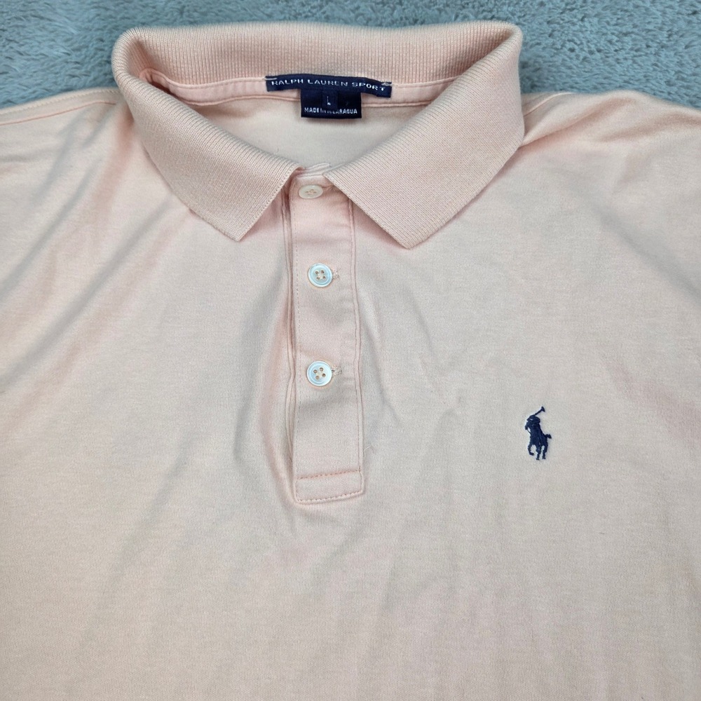 Ralph Lauren Sport Polo Shirt Women SZ L Short Sleeve Pique Pony Logo Peach Pink